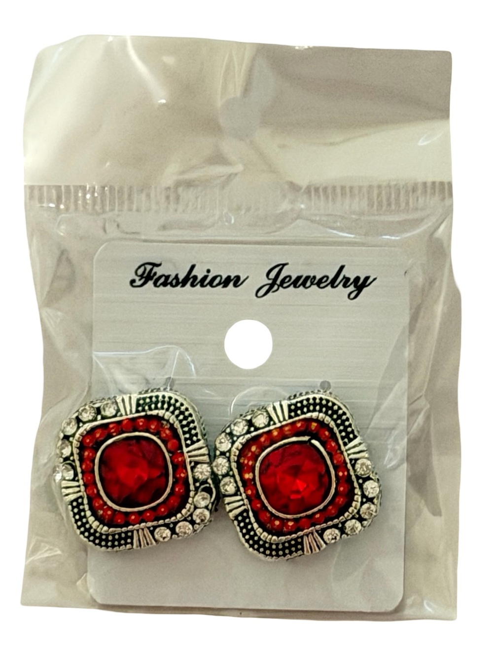 Fashion Jewelry Red Rhinestone Statement Stud Earrings Silver Tone